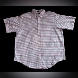 Lands’ End Men’s Short Sleeve Button Dress Shirt EUC Red White Blue 18 Oxford‎